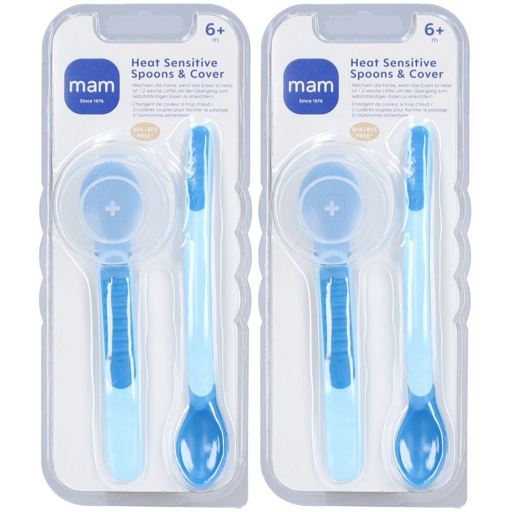 Deux cuillères bleues pour bébé avec étui, emballées. Cuillères thermosensibles. Marque : mam. Recommandé pour les bébés de 6+ mois.