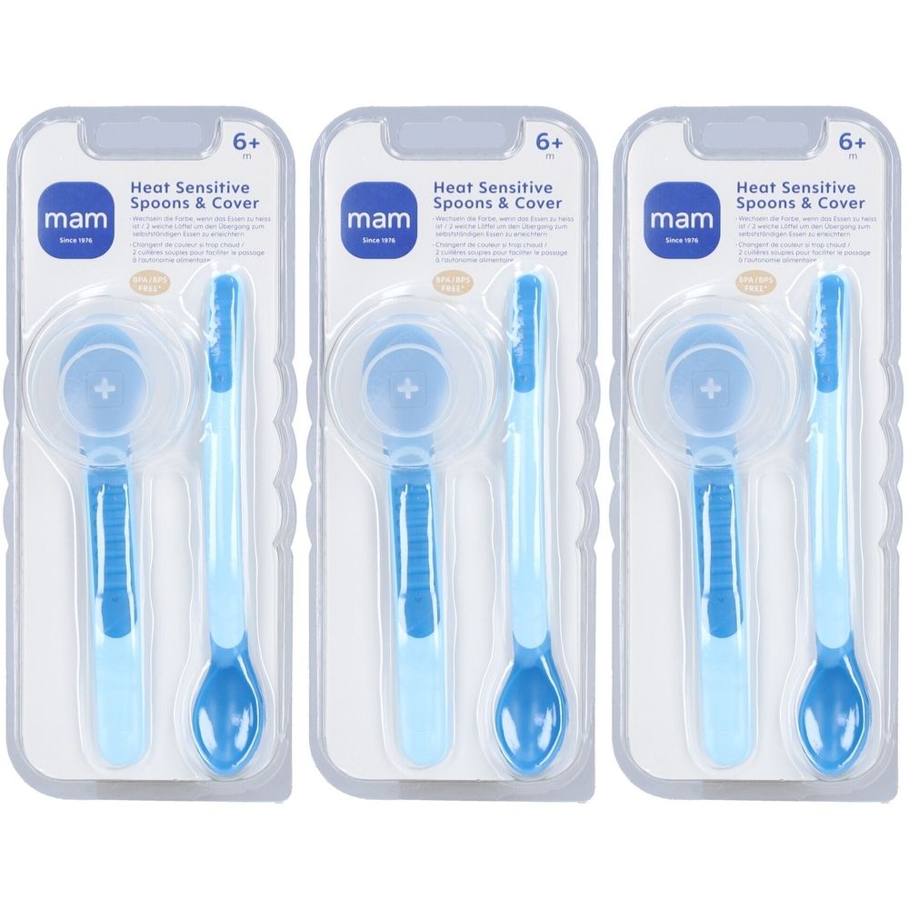 Trois cuillères pour bébé avec étui, emballage blister. Bleu clair. Avec couvercle. Inscription : mam, Heat Sensitive Spoons & Cover, 6+.