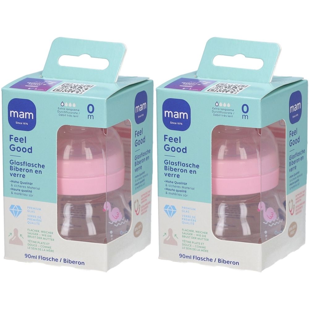 Zwei Babyflaschen in Verpackung. Rosa Nippel und Verschluss, transparente Flasche. Aufschrift: mam Feel Good, 0m.