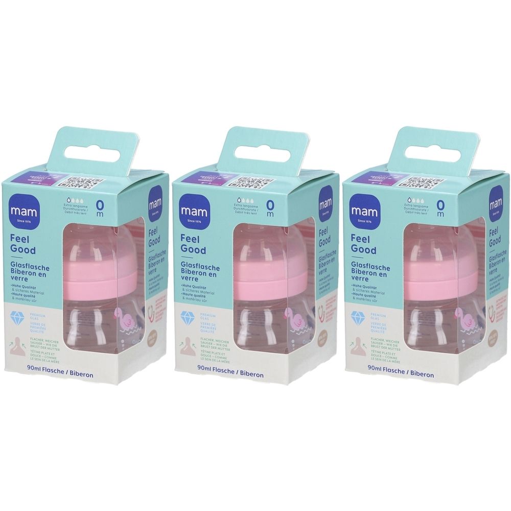 Drei Babyflaschen in Verpackung. Flaschen aus Glas mit rosa Deckel. Verpackung mit Markenlogo und Produktbezeichnung.