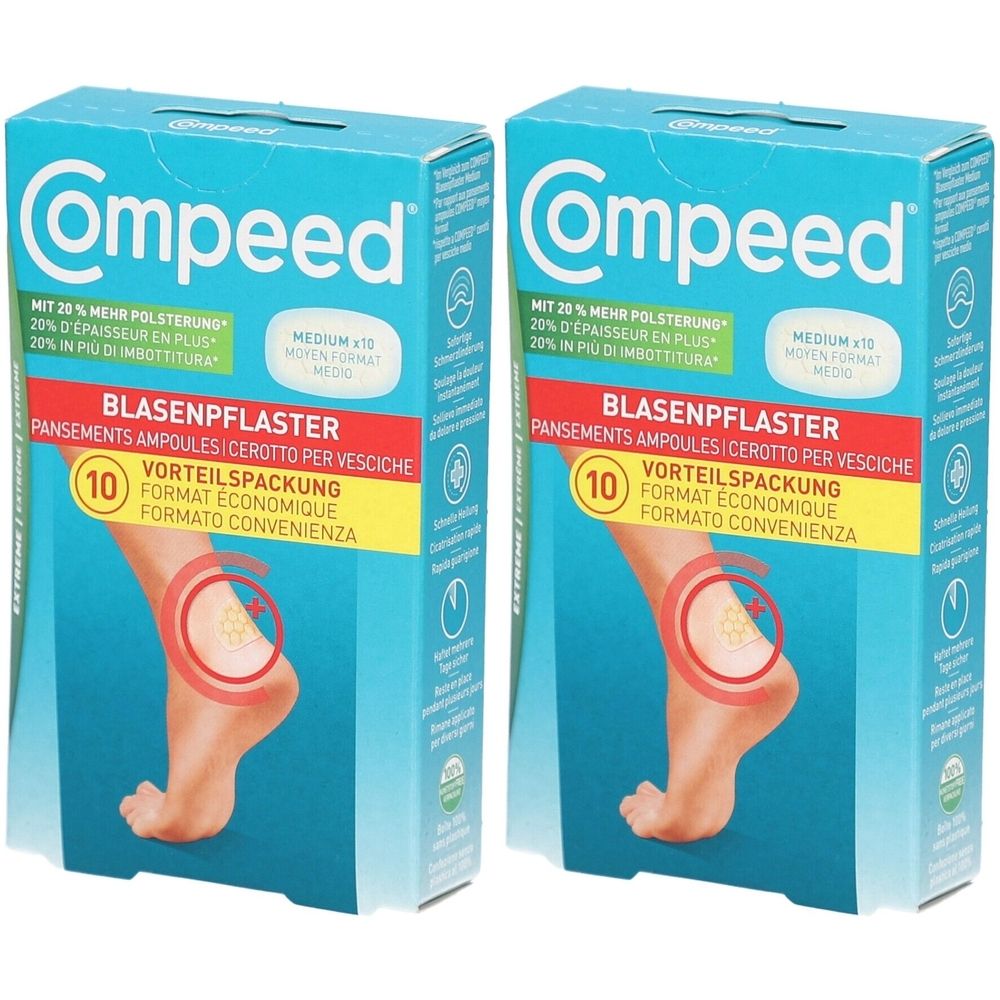 Zwei Packungen Compeed Blasenpflaster. Blaue Verpackung mit Produktbezeichnung und Fußabbildung. 10 Stück.