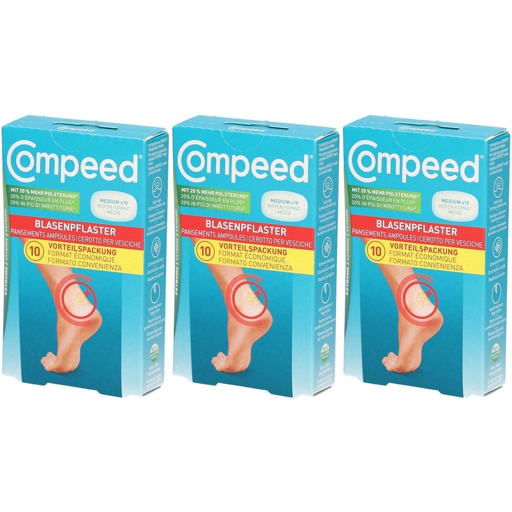 Drei Schachteln Compeed Blasenpflaster. Türkis-weiße Verpackung mit Produktname und Fußabbildung. 10 Pflaster pro Packung.