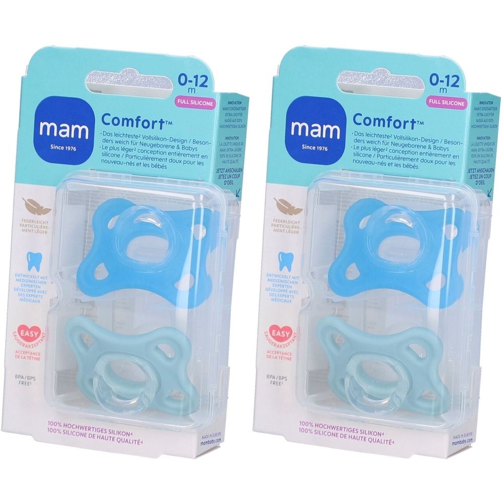 Zwei MAM Schnuller in Verpackung. Blau und hellblau. Altersempfehlung 0-12 Monate. Silikon. Verpackung mit Produktinformationen.