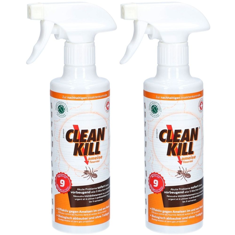 Zwei weiße Sprühflaschen mit dem Aufdruck CLEAN KILL Ameise. Beide haben einen weißen Sprühkopf und orangefarbene Akzente.