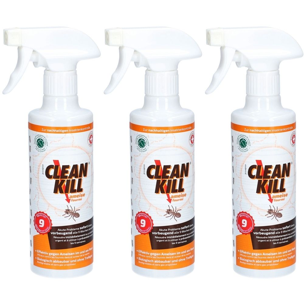 Drei weiße Sprühflaschen mit orangefarbenen Etiketten. Aufschrift CLEAN KILL, Ameise, und die Zahl 9. Grüne Siegel.