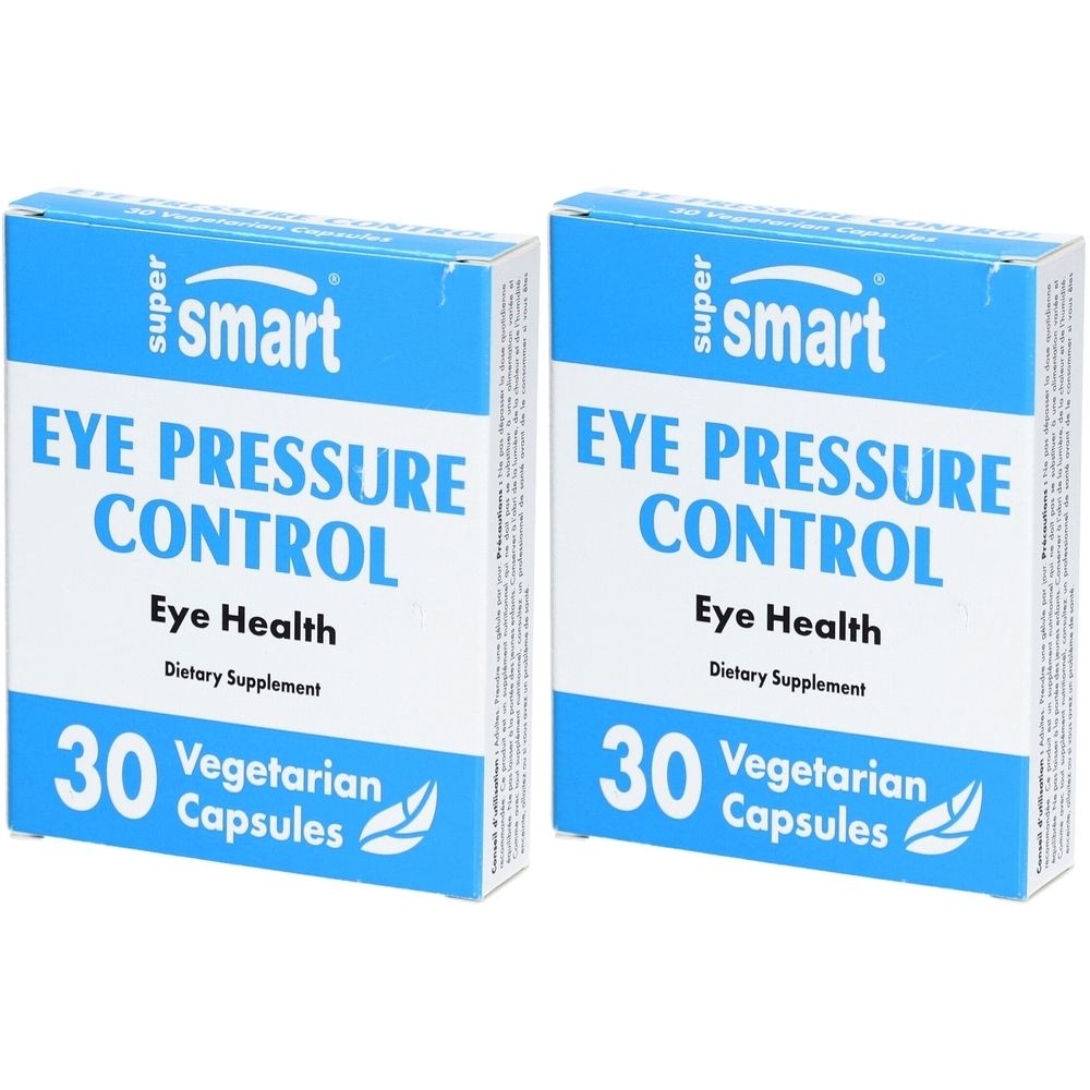 Zwei Schachteln mit „Eye Pressure Control“-Nahrungsergänzungsmitteln. Blaue und weiße Verpackung mit Text und 30 vegetarischen Kapseln.
