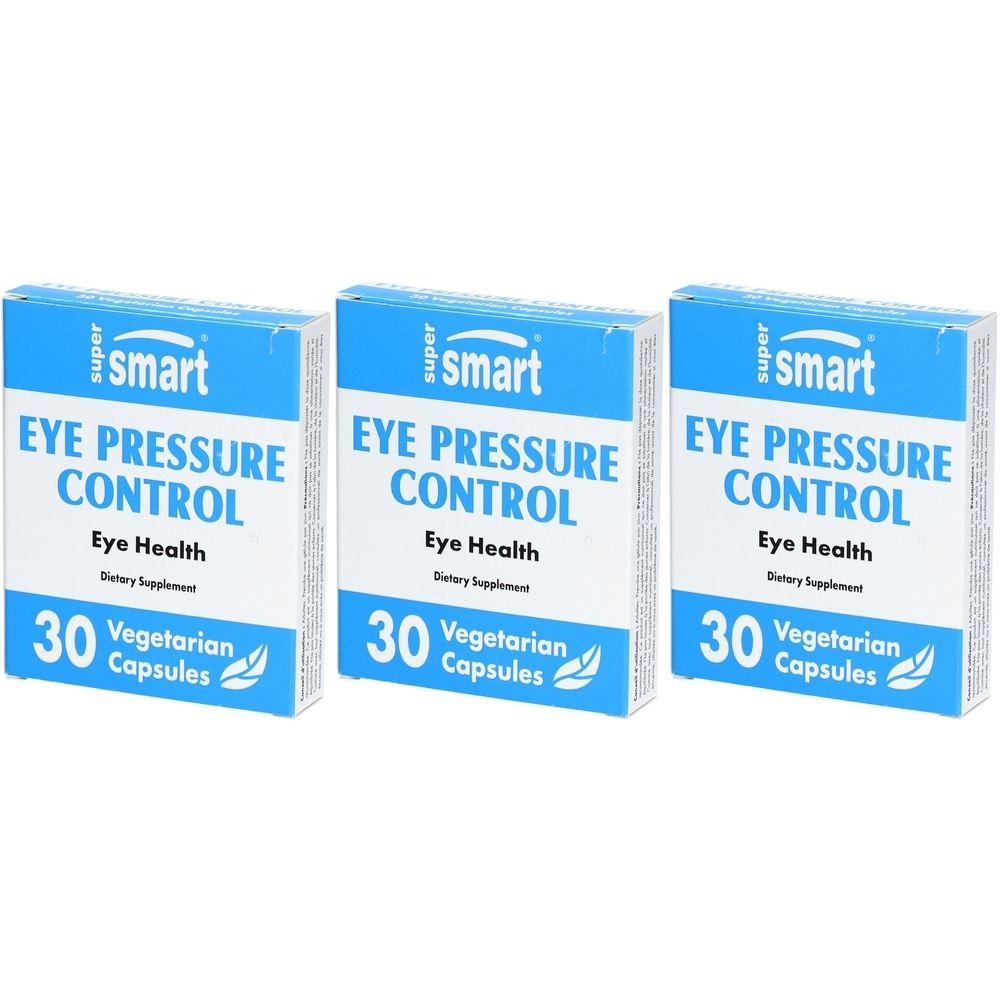 Drei Schachteln mit der Aufschrift "EYE PRESSURE CONTROL". Jede Schachtel enthält 30 vegetarische Kapseln. Marke: iSmart.