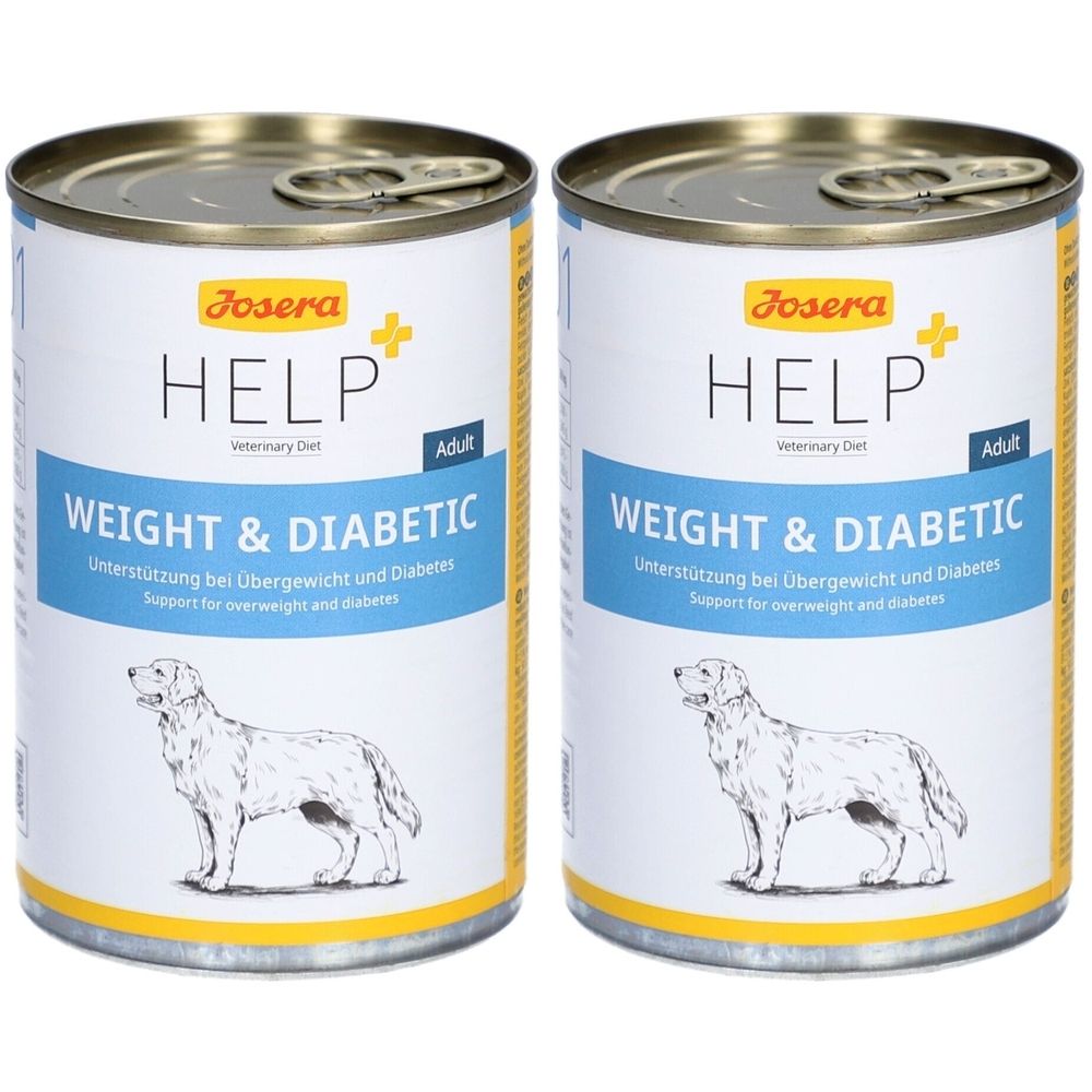 Zwei Dosen Josera HELP Nassfutter. Aufschrift: WEIGHT & DIABETIC. Für Hunde. Mit Abbildung eines Hundes. Dose mit goldfarbenem Deckel.