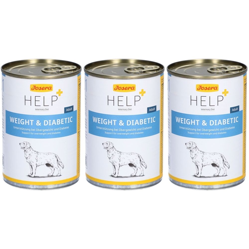 Drei Dosen Josera HELP Weight & Diabetic Nassfutter für Hunde. Aufschrift: Gewicht & Diabetes. Abbildung eines Hundes.