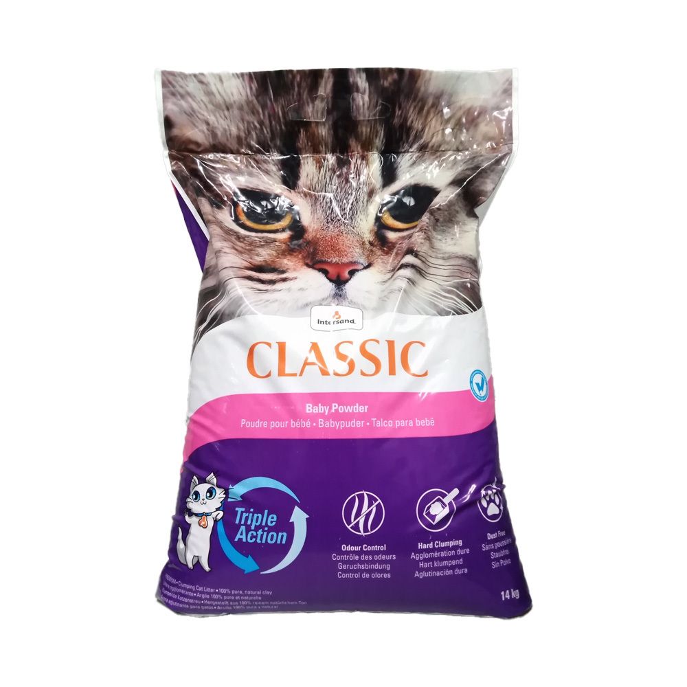 Vorderseite einer Packung Classic Katzenstreu mit Katzenbild, lila mit pinken Akzenten, 14 kg.
