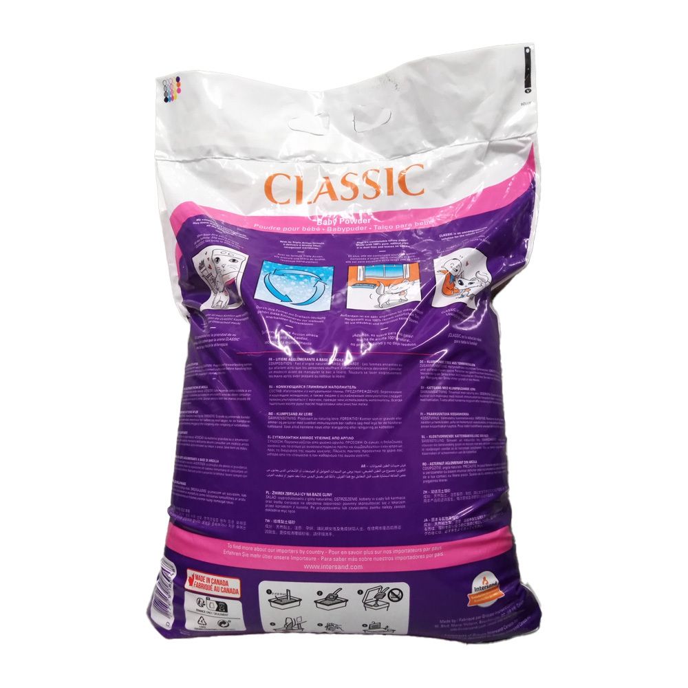 Rückseite einer Packung Classic Katzenstreu, lila mit pinken Akzenten, zeigt Anwendungshinweise.
