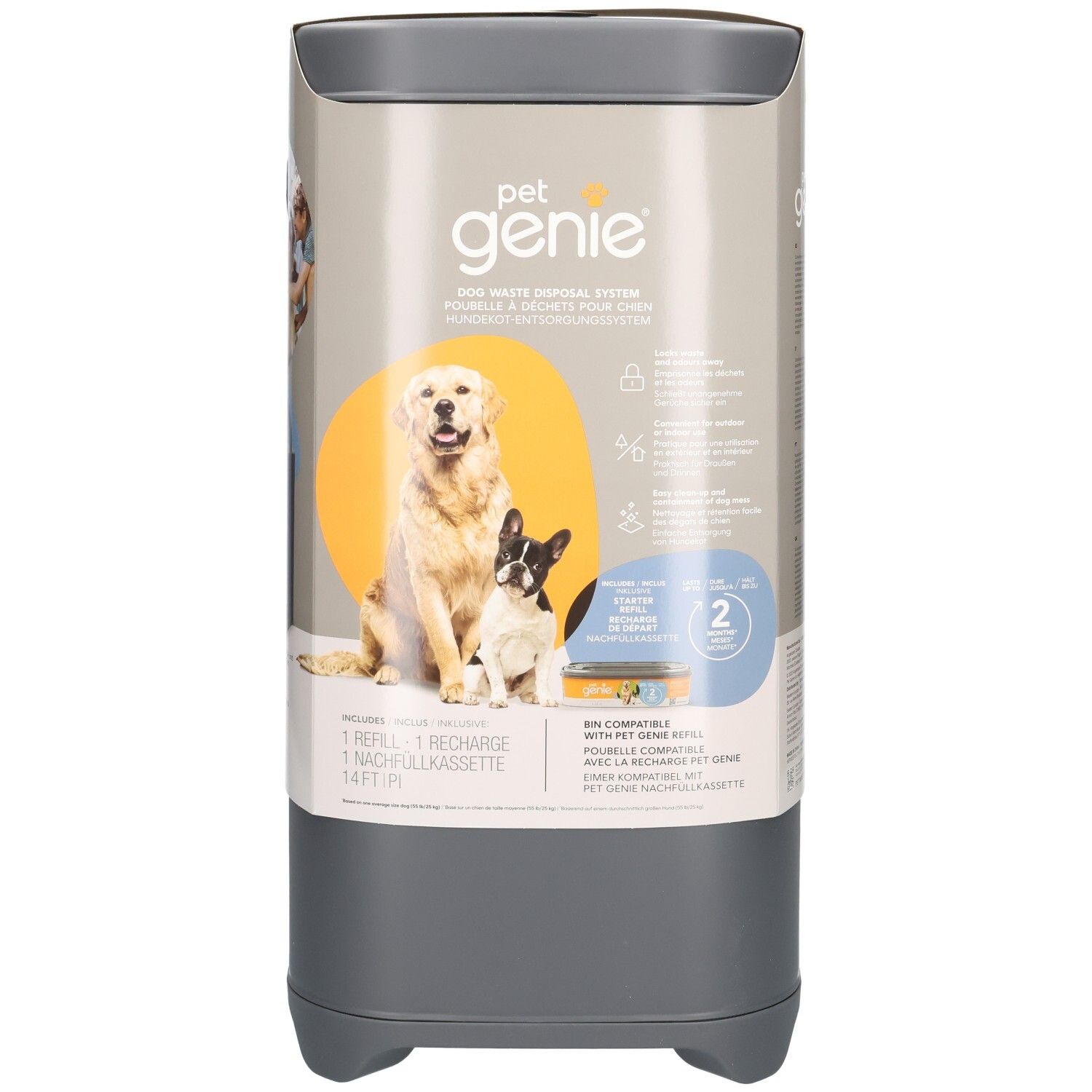 Avant d'un seau gris et beige pour sacs à déjections canines, avec image de deux chiens et informations sur la recharge.