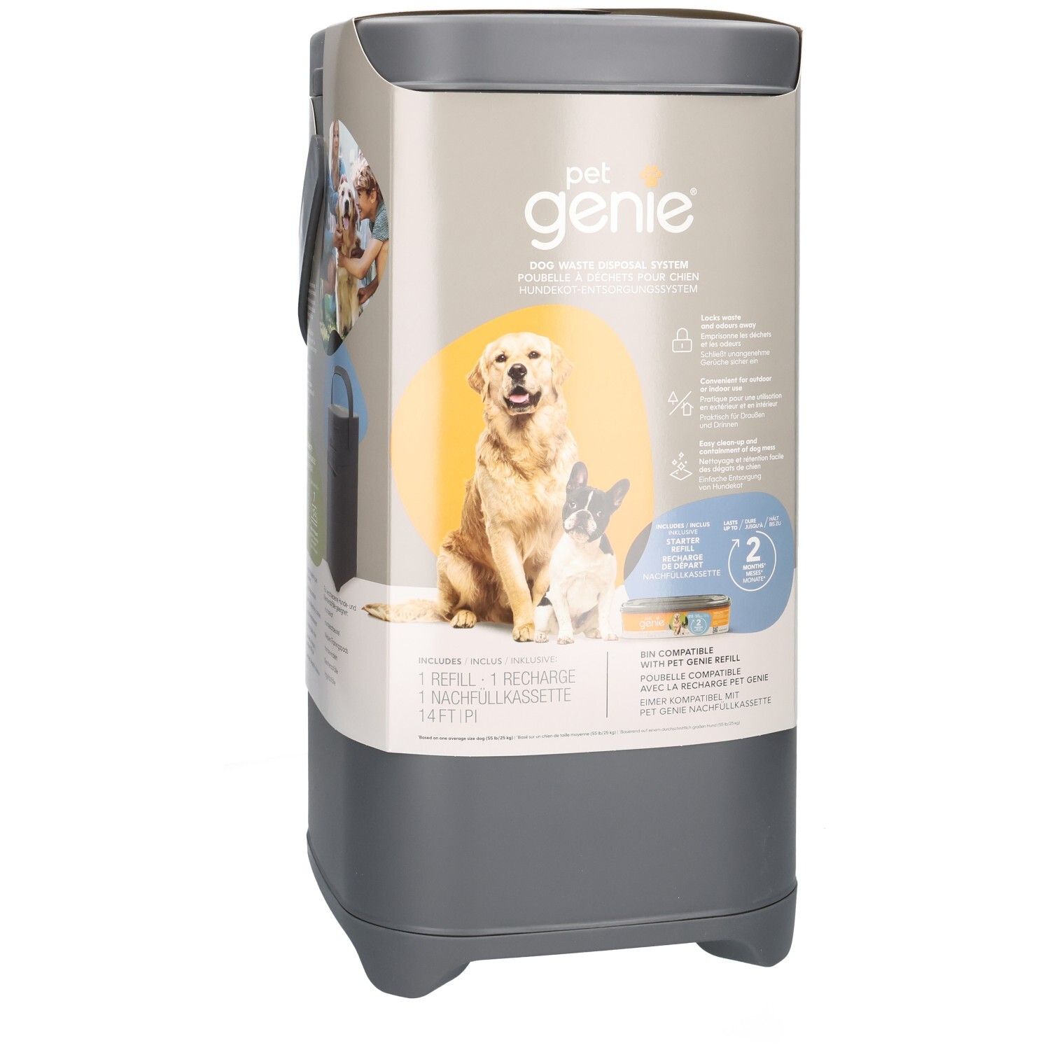 Avant d'un seau gris et beige pour sacs à déjections canines, avec image de chiens et recharge.