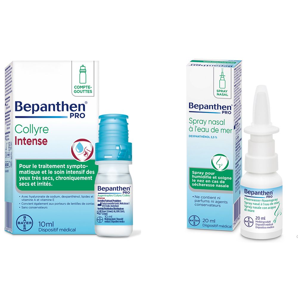Zwei Produkte: Bepanthen Pro Augentropfen und Nasenspray. Beide in weißen Flaschen mit blauen und weißen Verpackungen. Text: Bepanthen Pro.