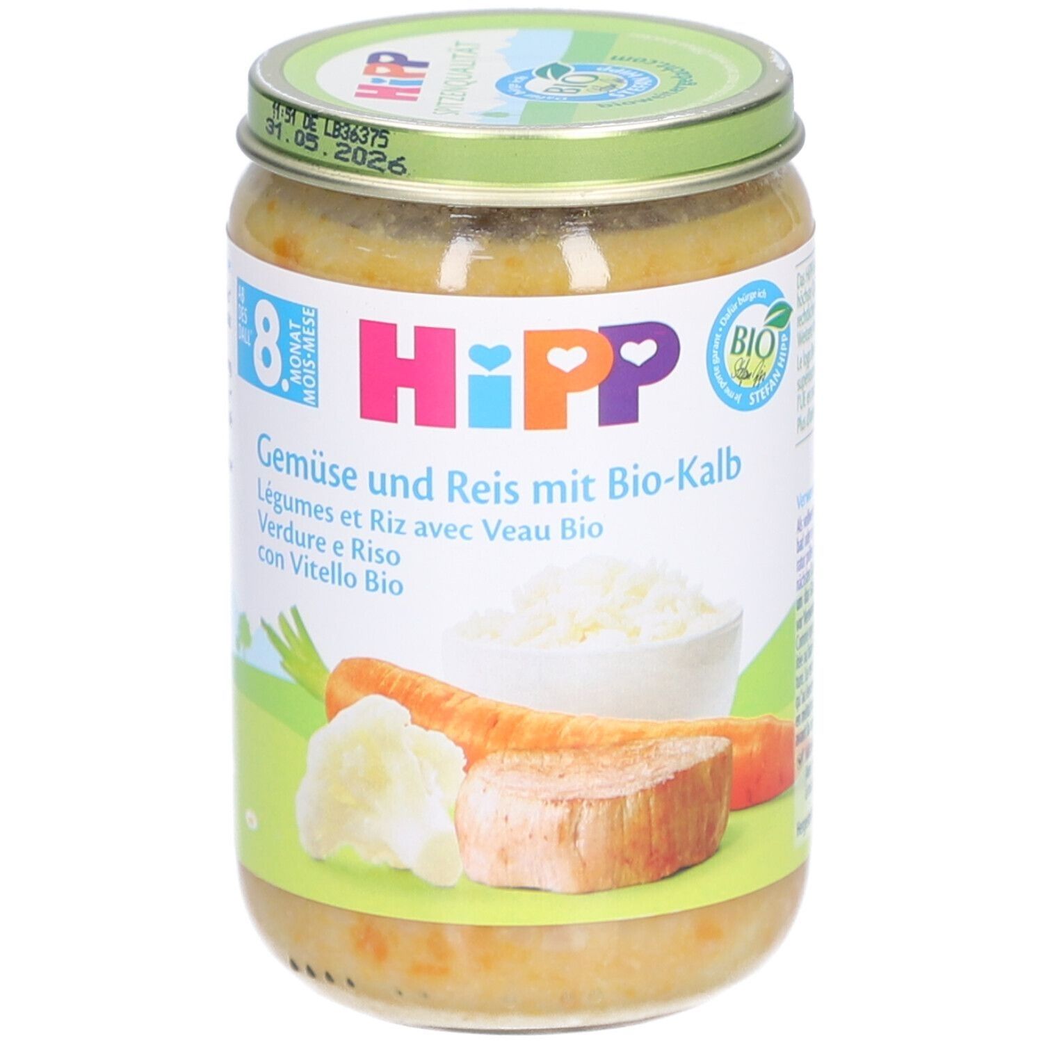 Glas mit HiPP Babynahrung. Aufschrift: Gemüse und Reis mit Bio-Kalb. Mit Illustrationen von Gemüse und Reis.