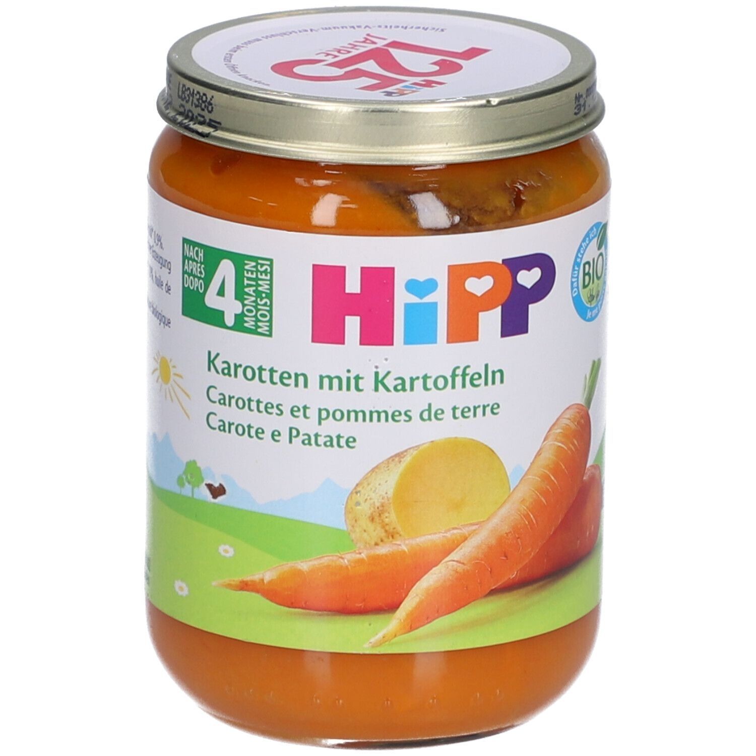 Glas mit Baby-Nahrung. Aufschrift: HiPP, Karotten mit Kartoffeln, ab dem 4. Monat. Abbildung von Karotten und Kartoffel.
