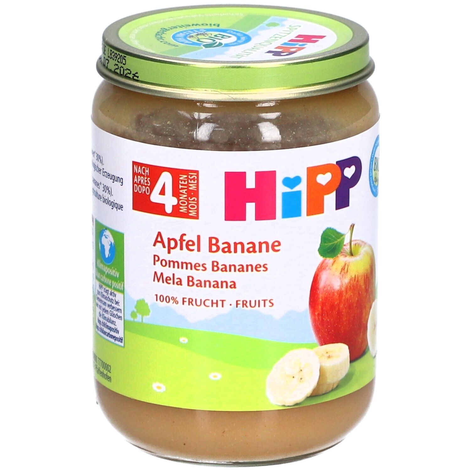 Glas mit Babynahrung. Aufschrift: HiPP Apfel Banane, ab dem 4. Monat. Abbildung von Apfel und Banane. Grüner Deckel.