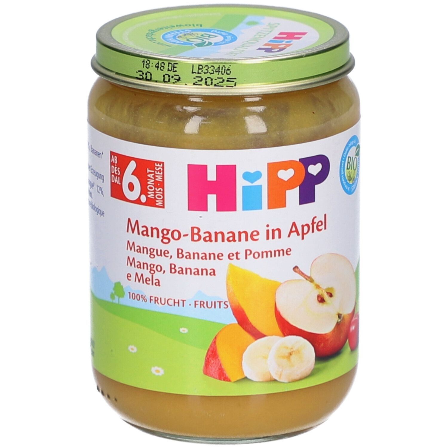 Glas mit HiPP Mango-Banane in Apfel. Aufschrift: 6. Monat, Mango-Banane in Apfel, 100% Frucht. Abbildung von Mango, Banane und Apfel.