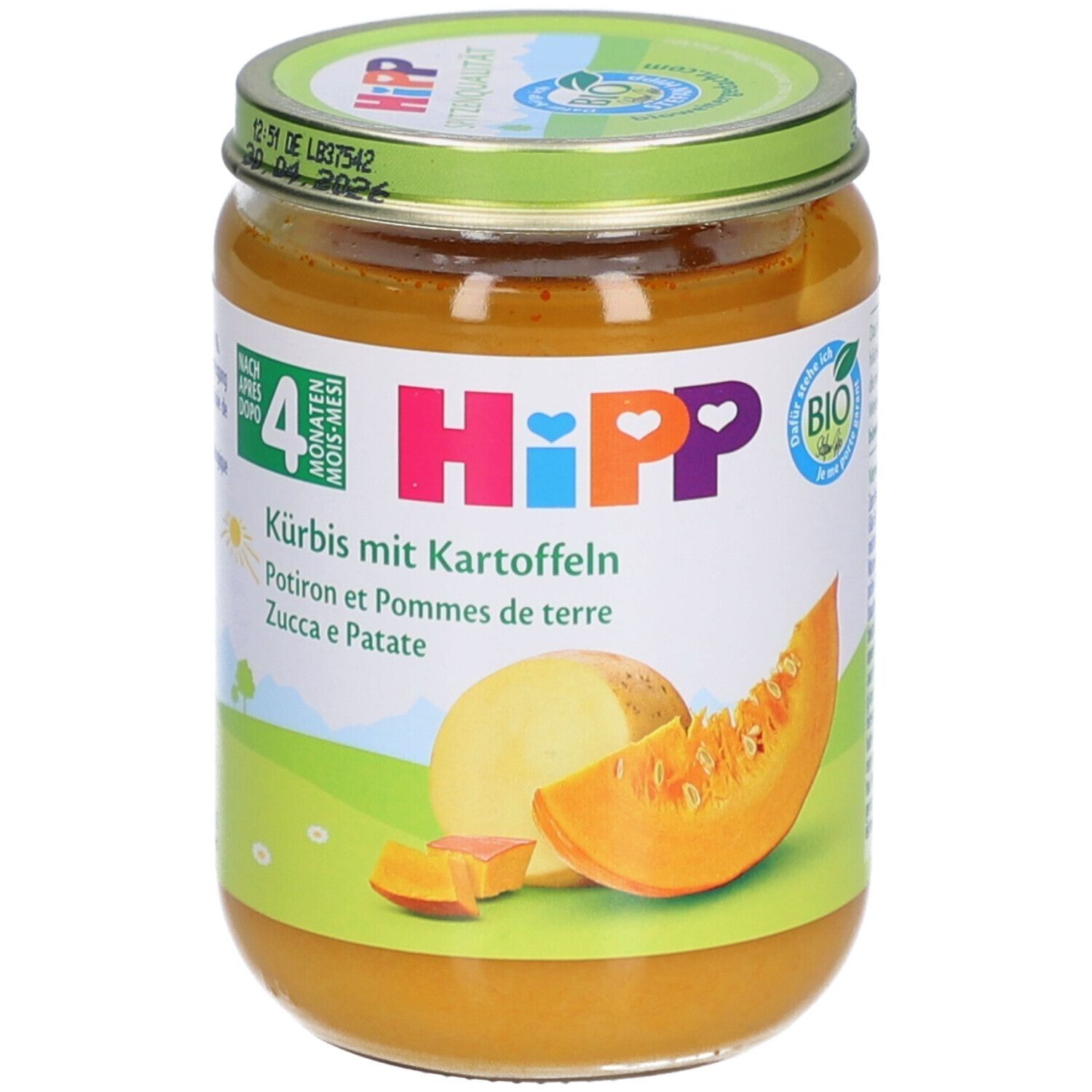 Glas mit Babynahrung. Aufschrift: HiPP Kürbis mit Kartoffeln. Abbildung von Kürbis und Kartoffel. Bio-Siegel.