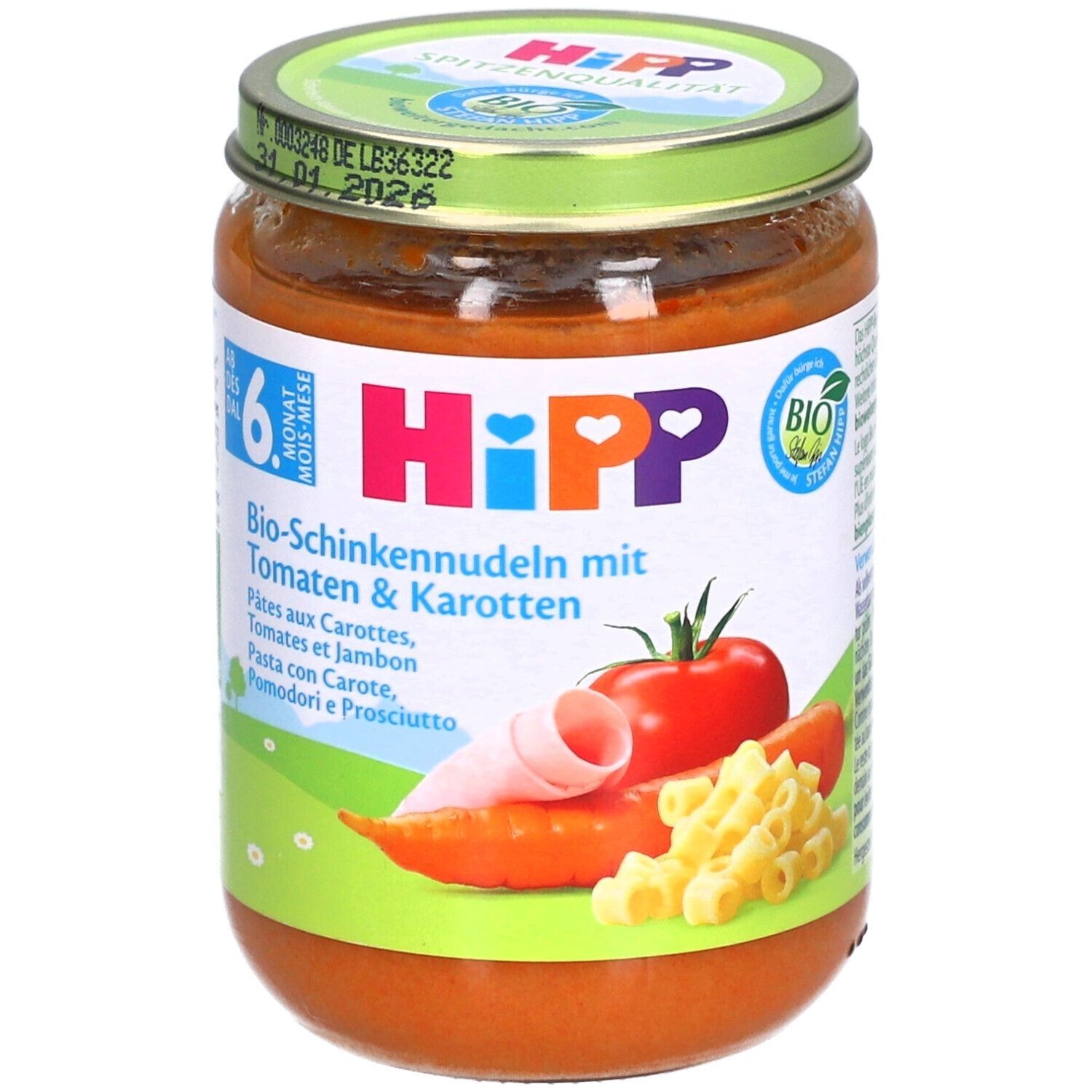 Glas mit Babynahrung. Aufschrift: HiPP Bio-Schinkennudeln mit Tomaten & Karotten. Enthält Tomaten, Karotten, Nudeln und Schinken. Bio-Siegel.