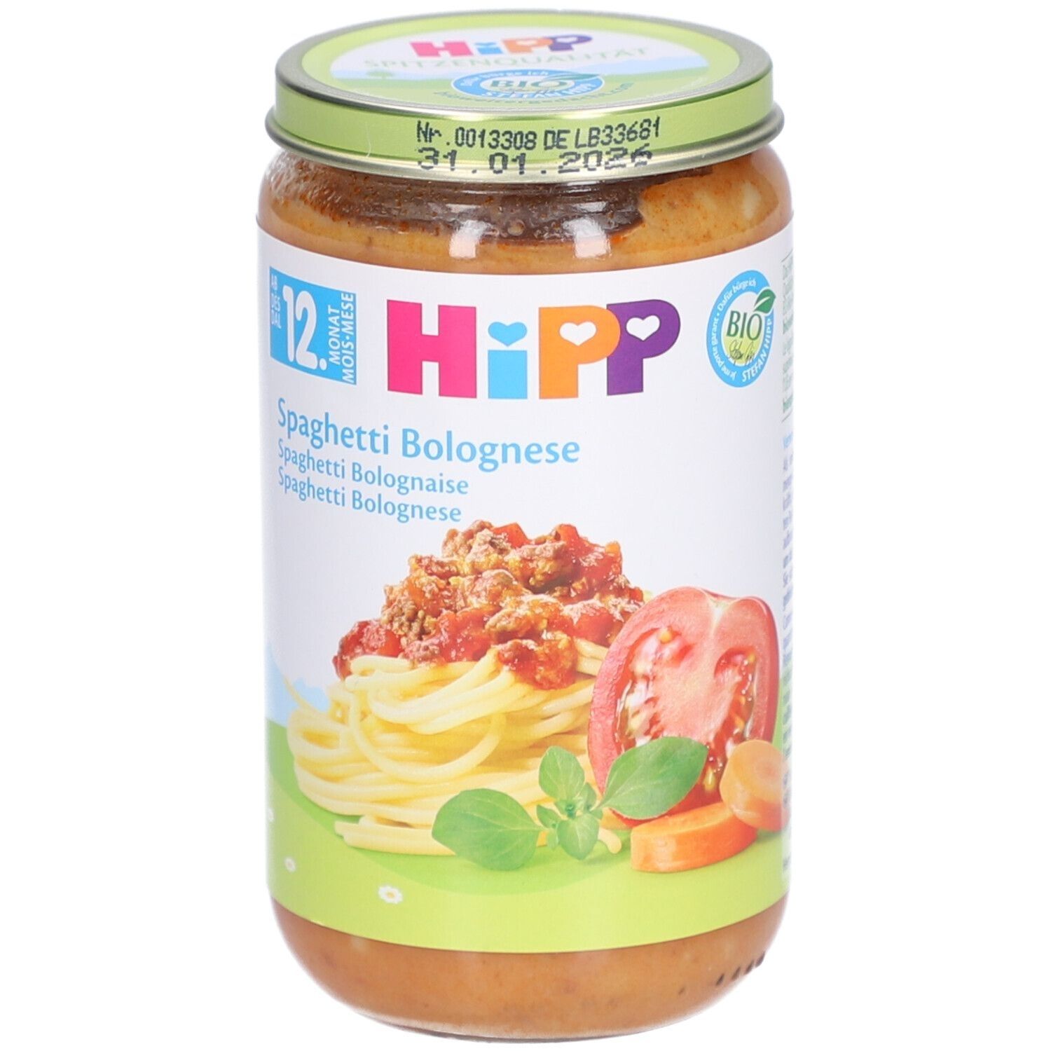 Glas mit Spaghetti Bolognese von HIPP. Aufkleber mit Produktbild, Logo und Bio-Siegel. Deckel mit Aufdruck.