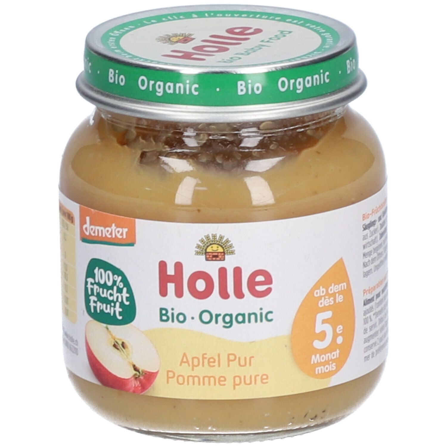 Glas mit Apfelmus. Aufschrift: Holle Bio-Organic, Apfel Pur, ab 5 Monaten. Demeter-Siegel und 100% Frucht.