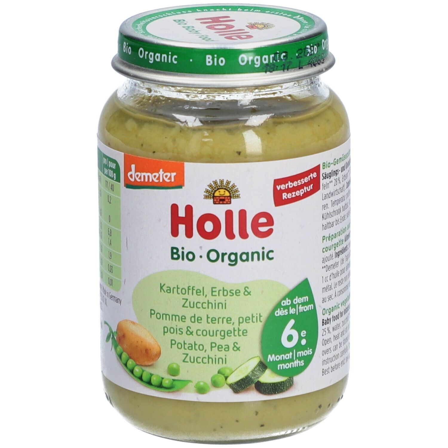 Glas mit Holle Bio-Organic Babynahrung. Kartoffel, Erbse und Zucchini. Demeter-Siegel. Ab 6 Monaten.