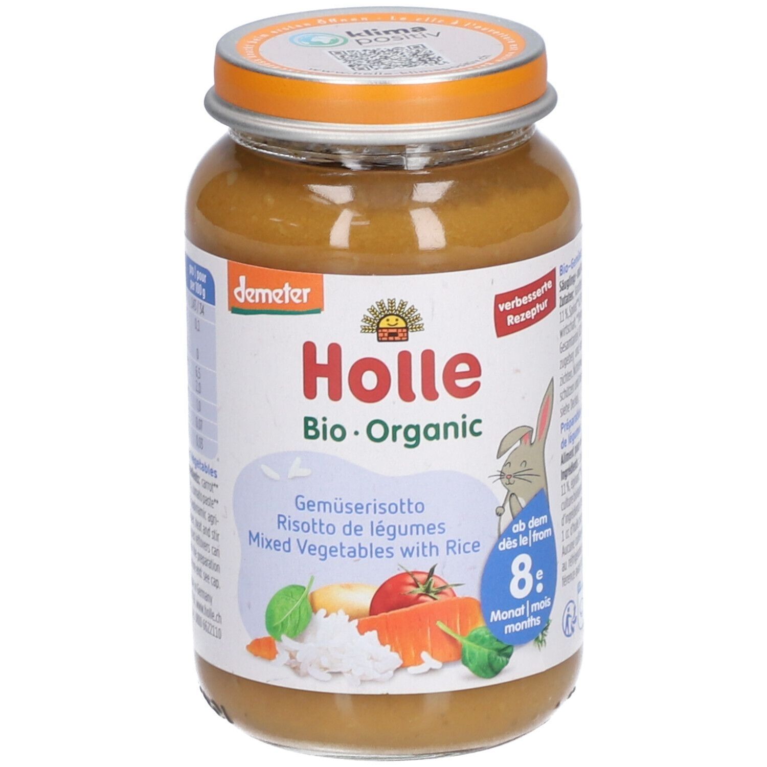 Glas mit Holle Bio-Organic Gemüse-Reis-Potpourri. Etikett mit Produktnamen, Zutaten und Demeter-Logo. Deckel orange.