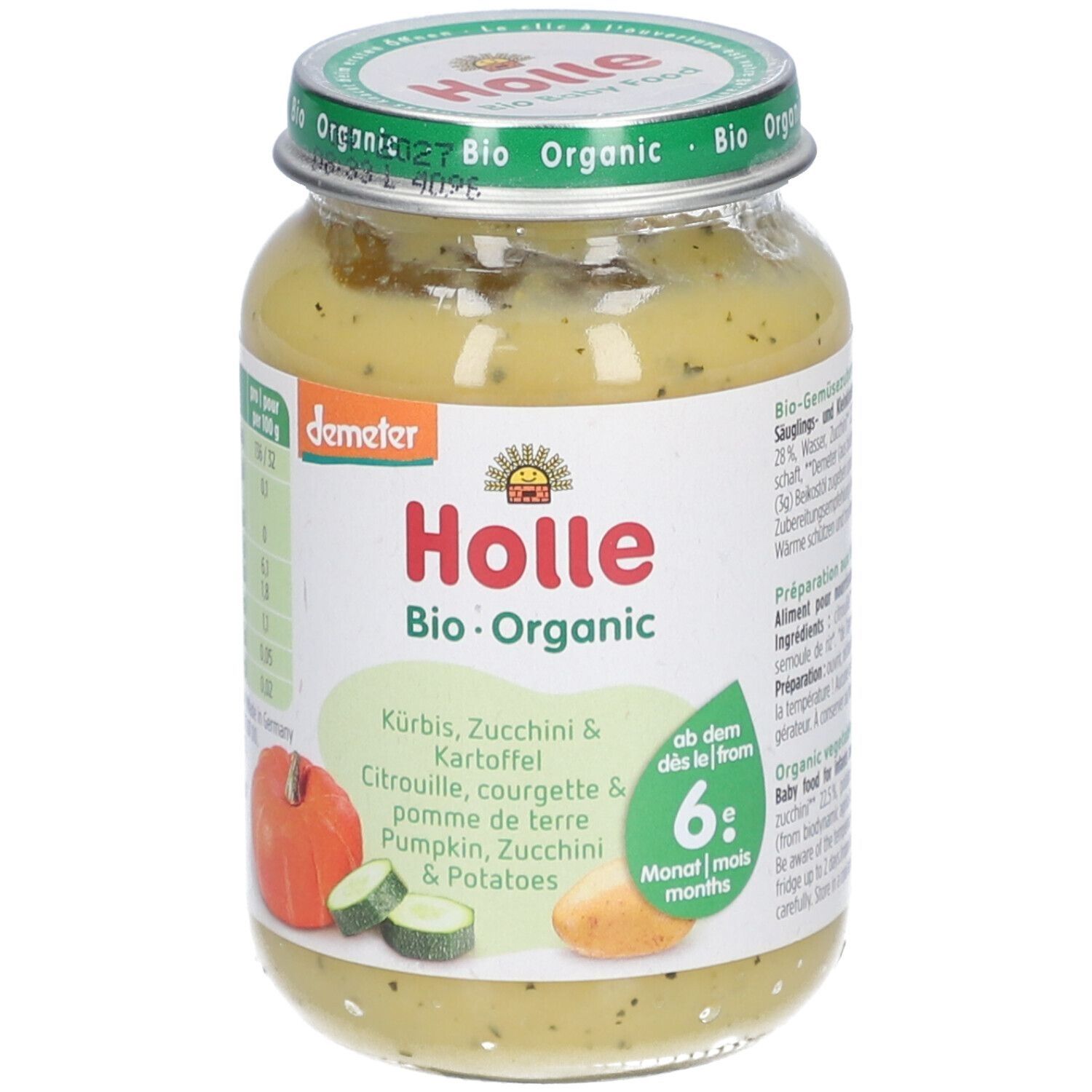 Glas Babynahrung mit Deckel. Aufschrift: Holle Bio-Organic. Zutaten: Kürbis, Zucchini & Kartoffel. Demeter-Siegel. Ab 6 Monaten.