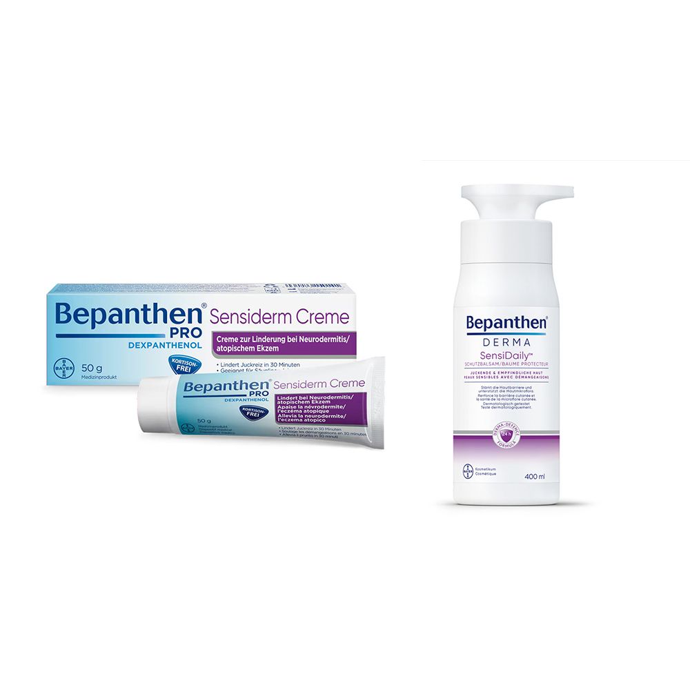 Zwei Produkte: Bepanthen PRO Sensiderm Creme in Tube und Schachtel, sowie Bepanthen DERMA SensiDaily Schutzbalsam in Flasche mit Spender.