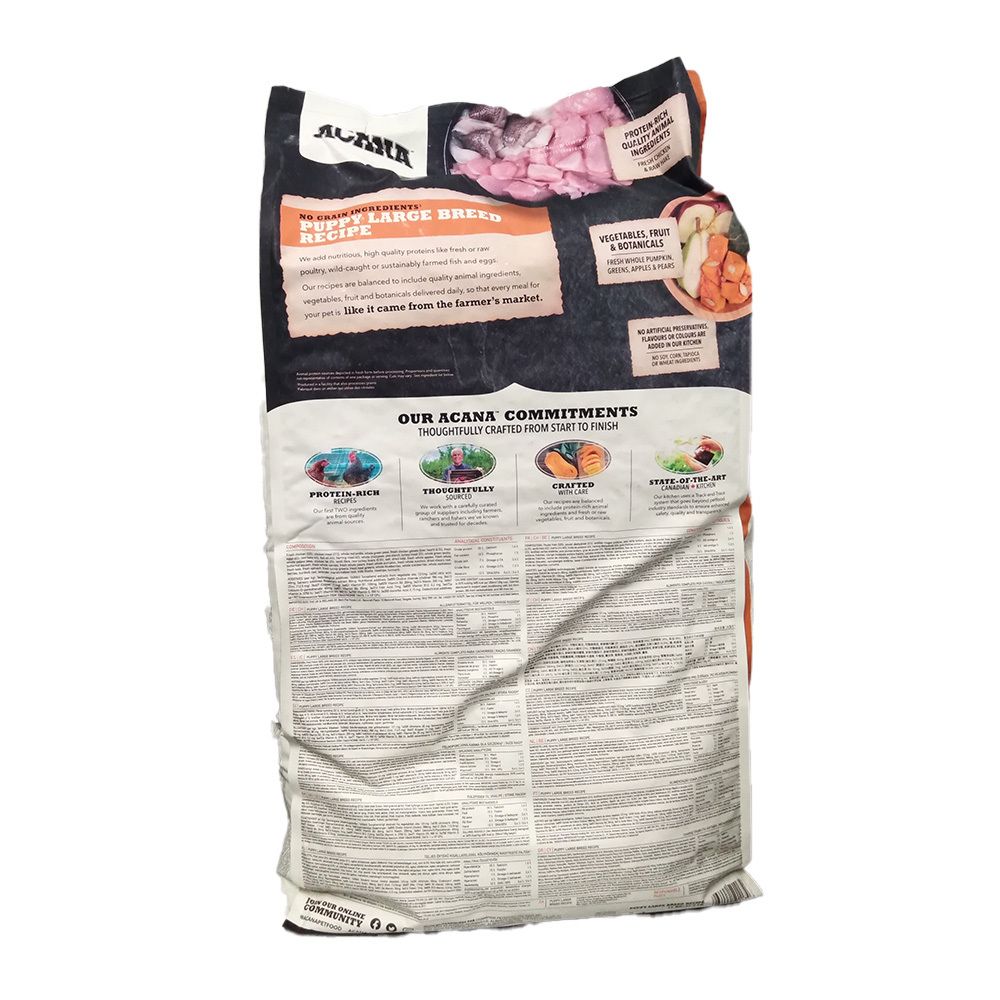 Sac de nourriture pour chiens ACANA PUPPY LARGE BREED. Illustration de légumes et de viande. Sections de texte avec informations sur le produit.