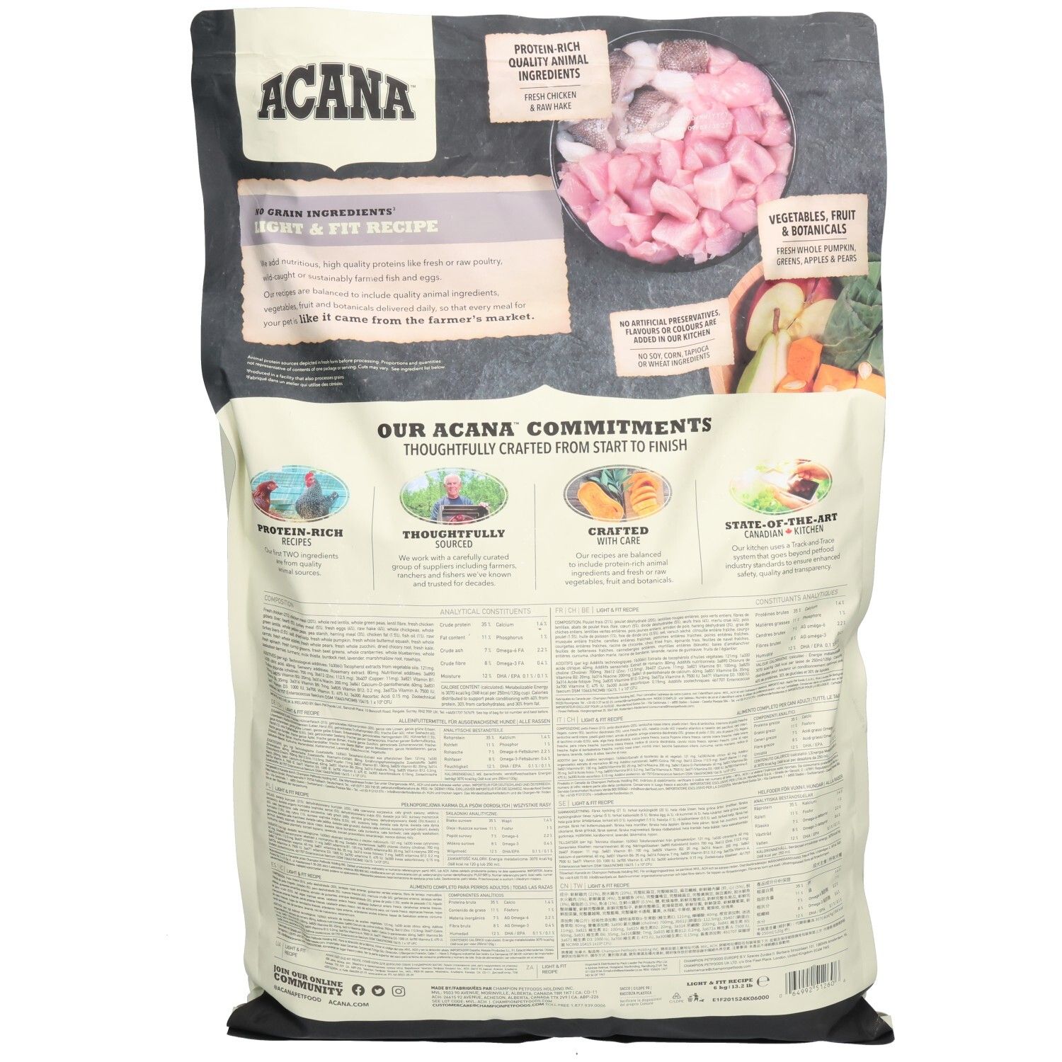 Dos d'un sac d'aliments pour chiens. En haut à gauche, "ACANA". Sections de texte avec des informations sur les ingrédients et la composition.