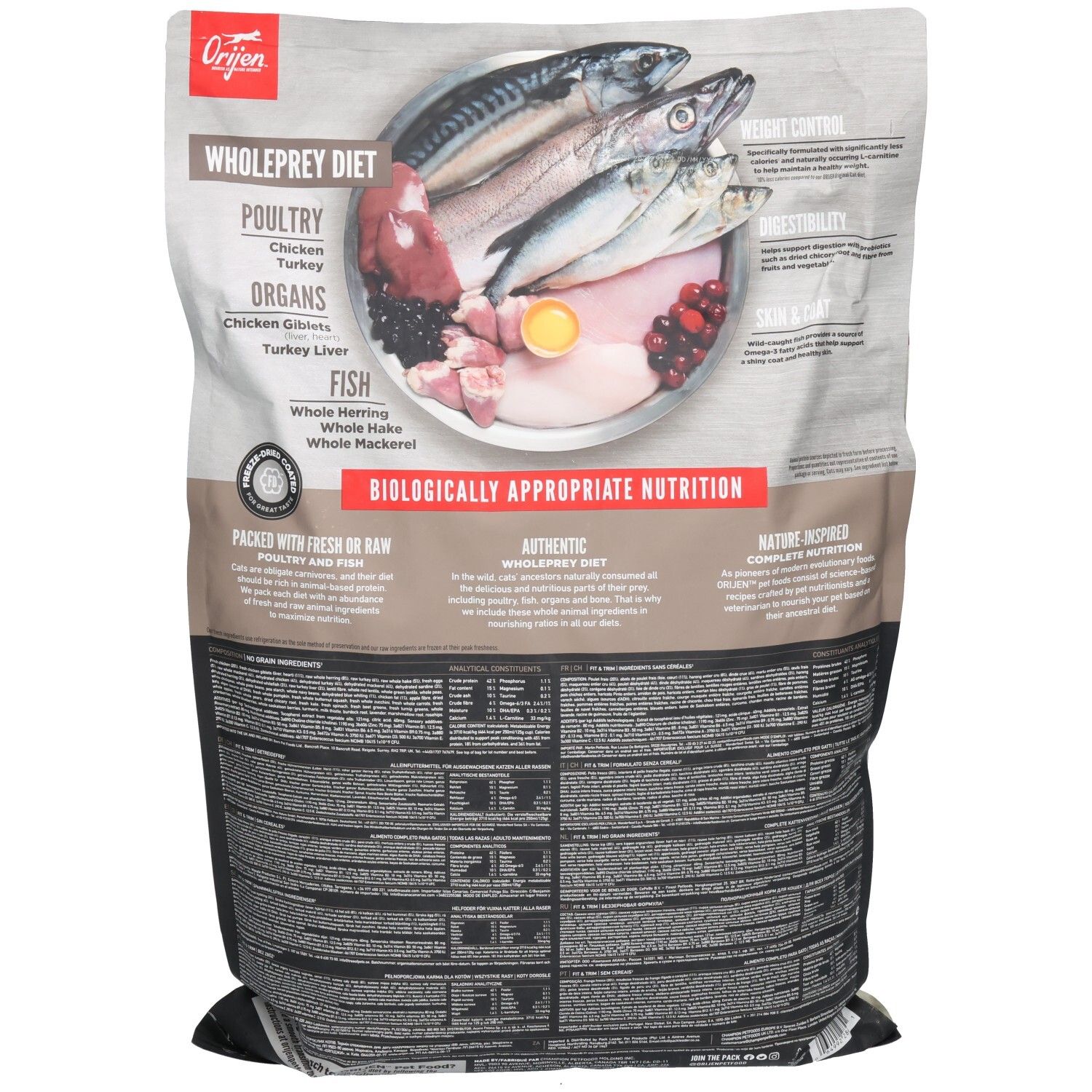 Emballage de ORIJEN WHOLEPREY FIT&TRIM CAT. Illustration de viande et de poisson. Texte : WHOLEPREY DIET, BIOLOGICALLY APPROPRIATE NUTRITION.