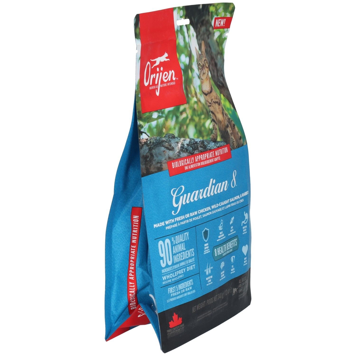 Vorderseite einer "Orijen Guardian 8" Katzennahrungstüte mit Katze und Produktmerkmalen.