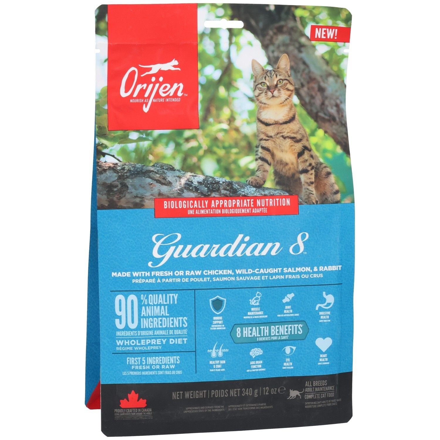 Vorderseite einer "Orijen Guardian 8" Katzennahrungstüte mit Katze und Produktmerkmalen.