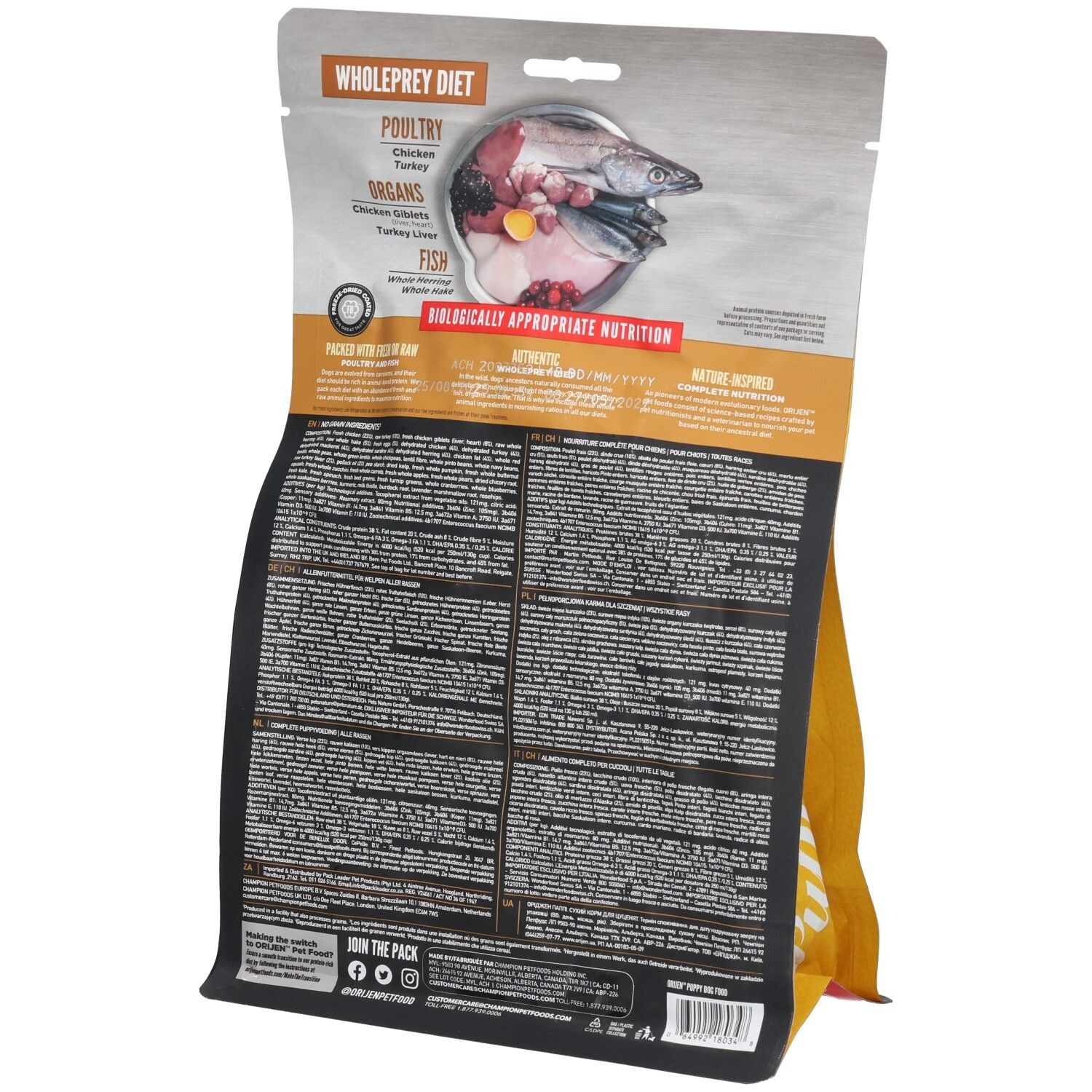 Rückseite der ORIJEN-Tüte. Text: Wholeprey Diet, Geflügel, Truthahn, Fisch. Zutatenliste. Illustrationen von Fleisch und Fisch.