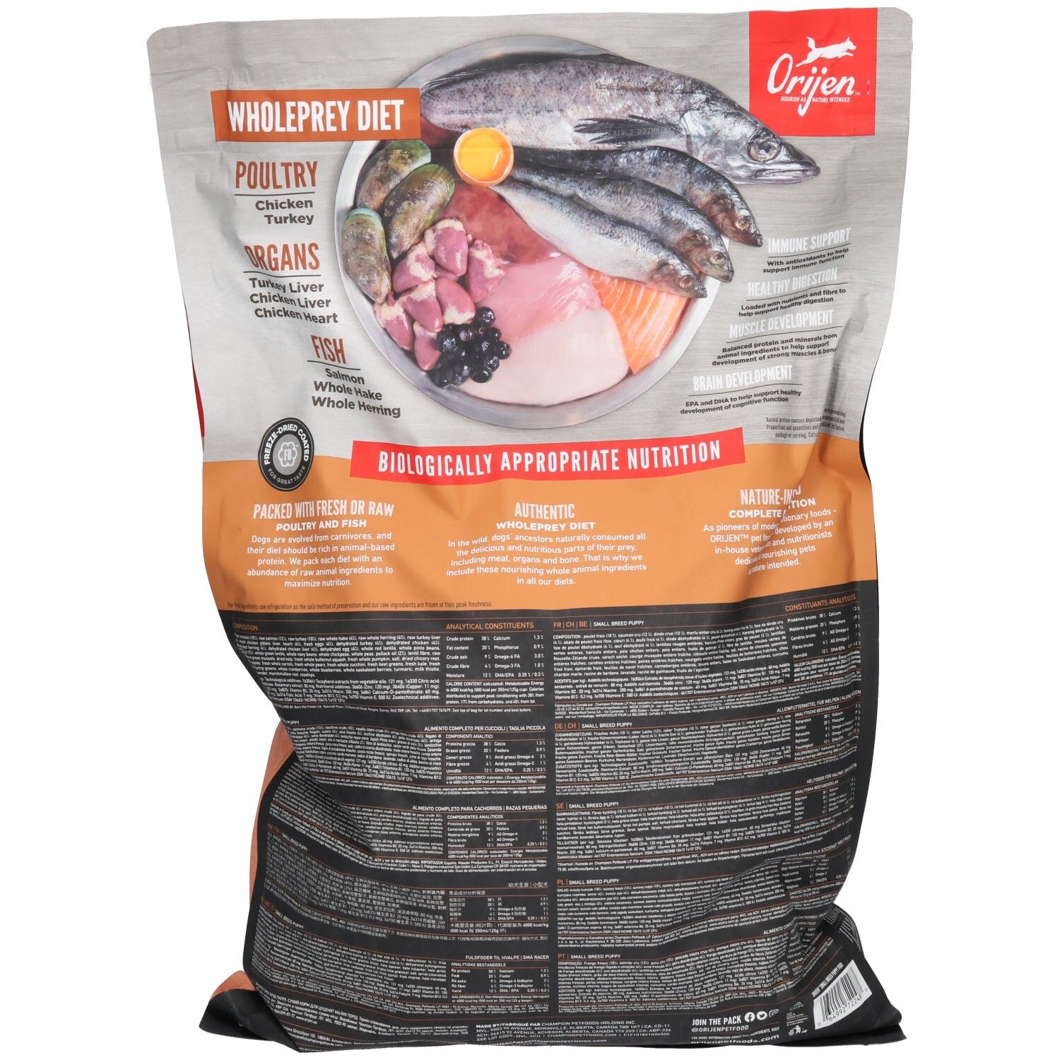 Rückseite der ORIJEN Puppy Small Breed Verpackung. Text: Wholeprey Diet, Huhn, Truthahn, Organe, Fisch. Biologisch geeignete Ernährung.