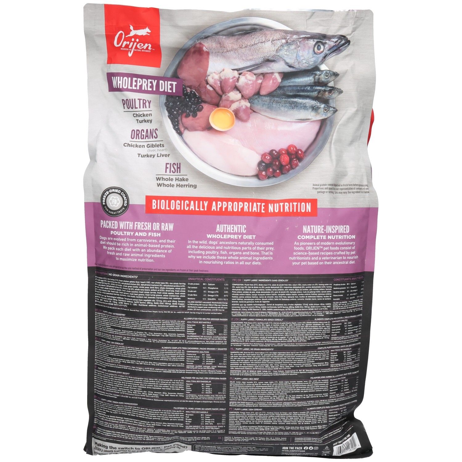 Rückseite des ORIJEN-Beutels. Enthält Informationen über die Ernährung. Abbildung von Zutaten wie Fisch und Innereien.