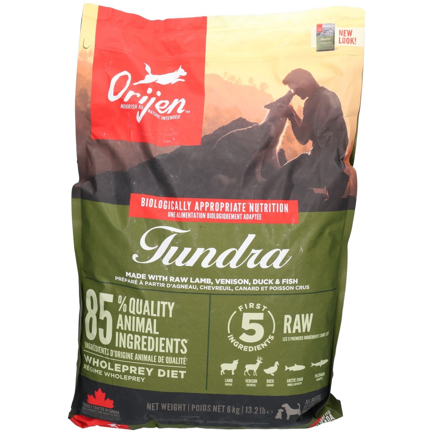 Orijen Tundra Hundefutter-Beutel. Grün-rotes Design. Enthält 85% tierische Zutaten. Rohfutter. 6 kg Beutel.