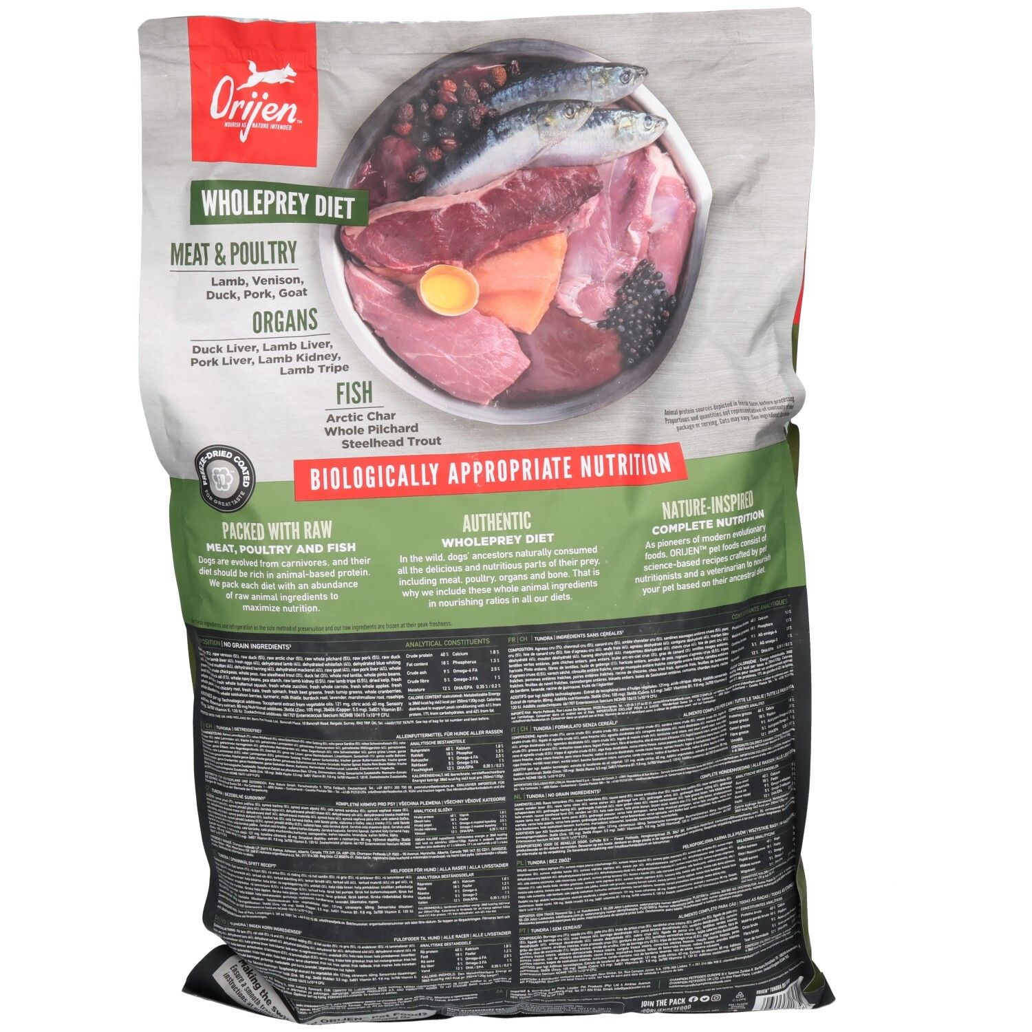Rückseite des Orijen Hundefutterbeutels. Enthält Fleisch, Geflügel, Innereien und Fisch. Biologisch artgerechte Ernährung.