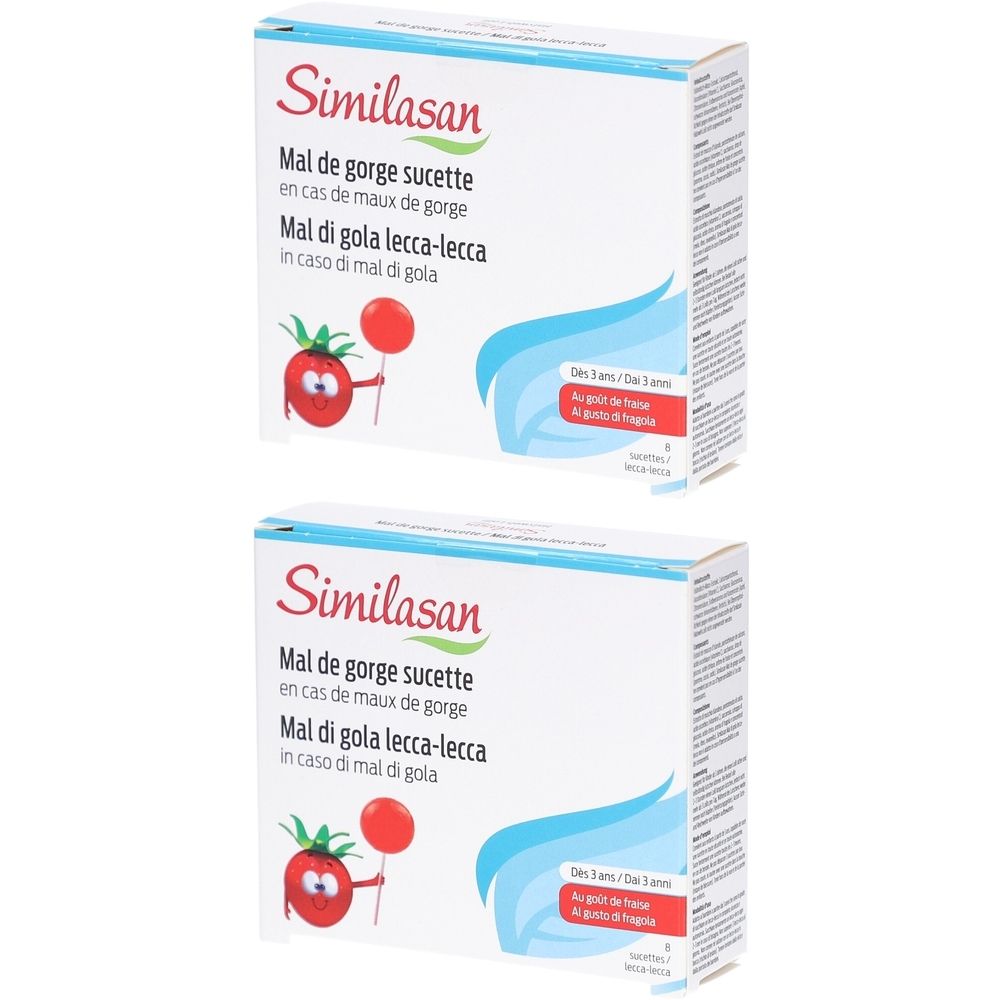 Deux boîtes de produit Similasan. Inscription: Mal de gorge sucette, Mal di gola lecca-lecca. Illustration: tomate avec sucette.