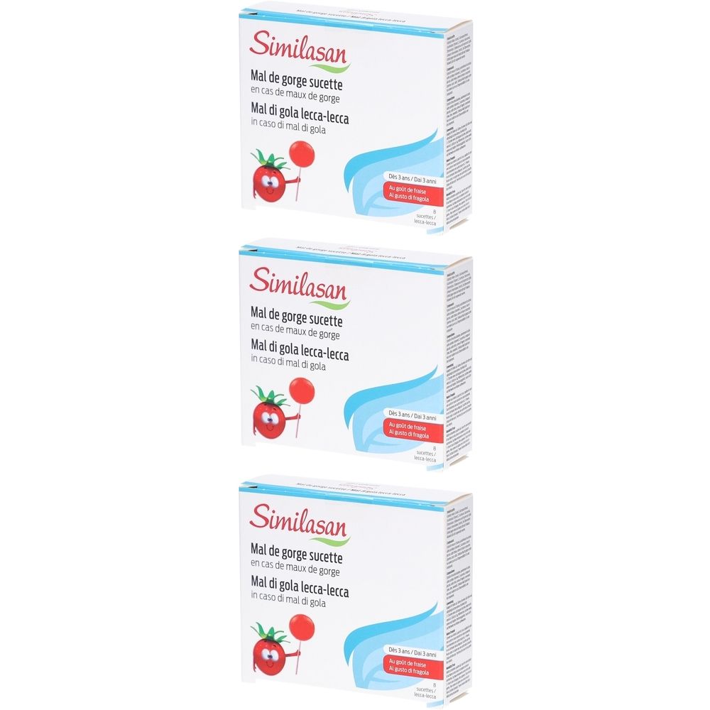Trois boîtes de Similasan Mal de gorge sucette. Inscription: Mal de gorge sucette, Mal di gola lecca-lecca. Illustration d'une tomate avec un ballon.
