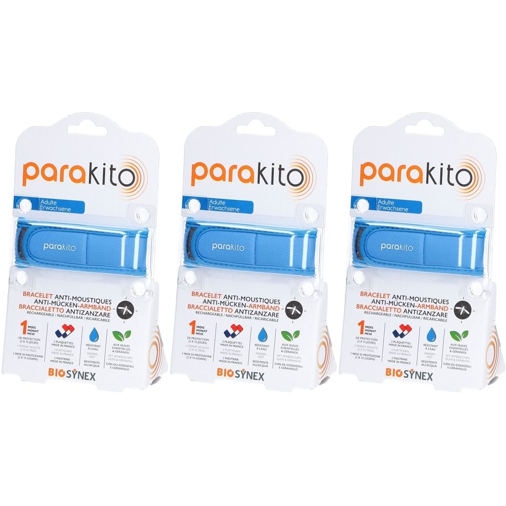 Drei blaue Armbänder in Verpackung. Marke: Parakito. Text: Bracelet Anti-Moustiques, Anti-Mücken-Armband, Braccialetto Antizanzare.