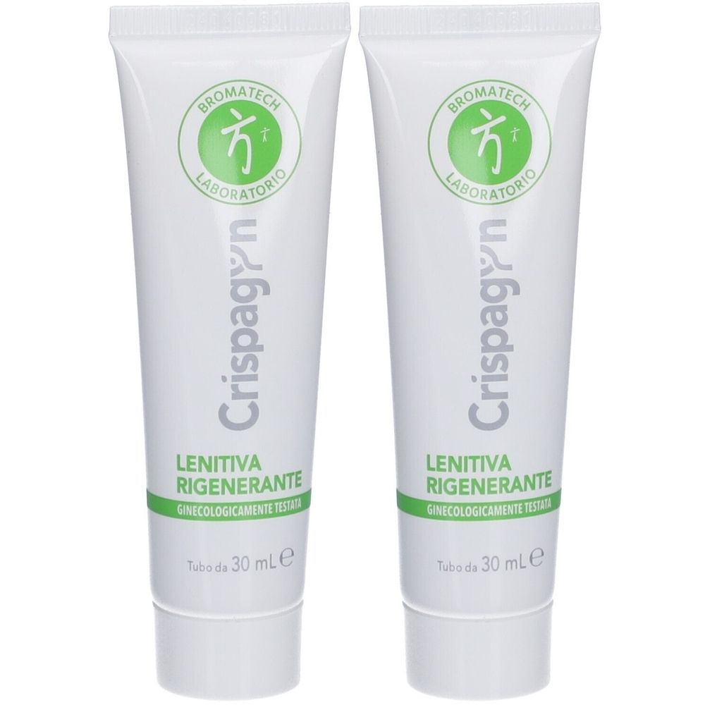 Deux tubes blancs avec texte vert et gris. Inscription: Crispagyn, Lenitiva, Regenerante, Bromatech.