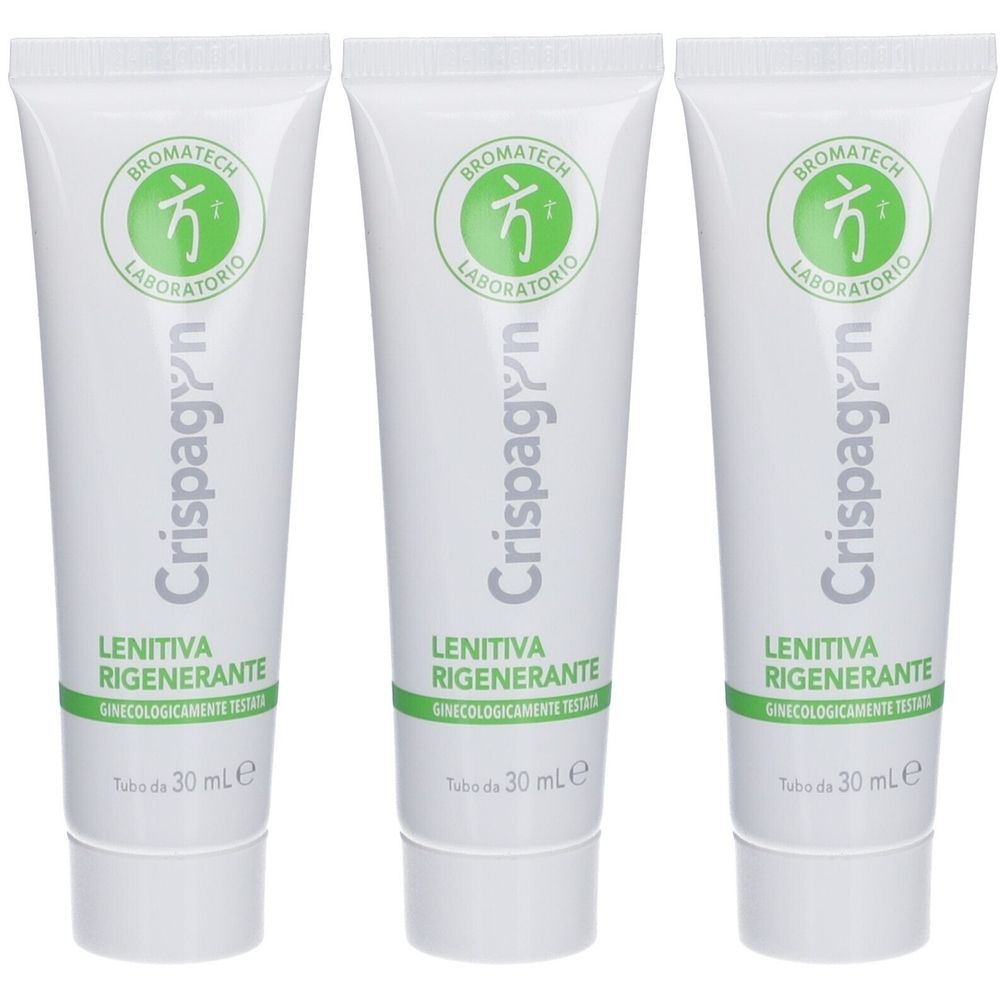 Drei weiße Tuben mit grünem Logo und Schriftzug Crispagyn. Text: LENITIVA RIGENERANTE, GINECOLOGICAMENTE TESTATA. Jede Tube enthält 30 ml.