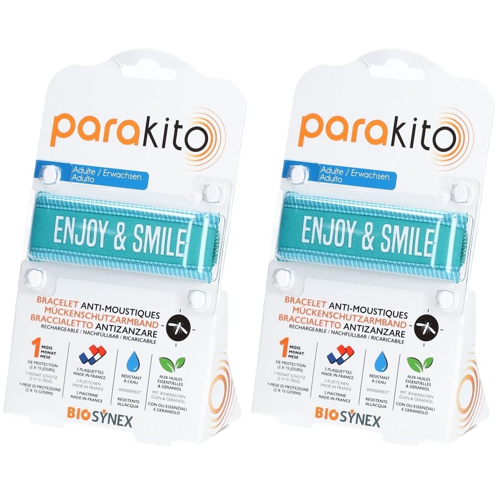 Deux bracelets PARAKITO bleus dans leur emballage. Inscription "ENJOY & SMILE". Emballage avec informations et logo du produit.