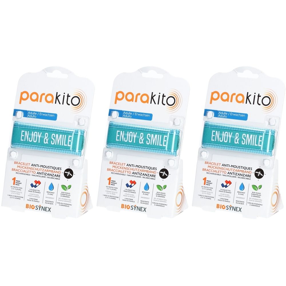 Trois emballages de bracelets PARAKITO bleus, avec "ENJOY & SMILE". Emballage avec logo et icônes. Bracelet anti-moustiques.