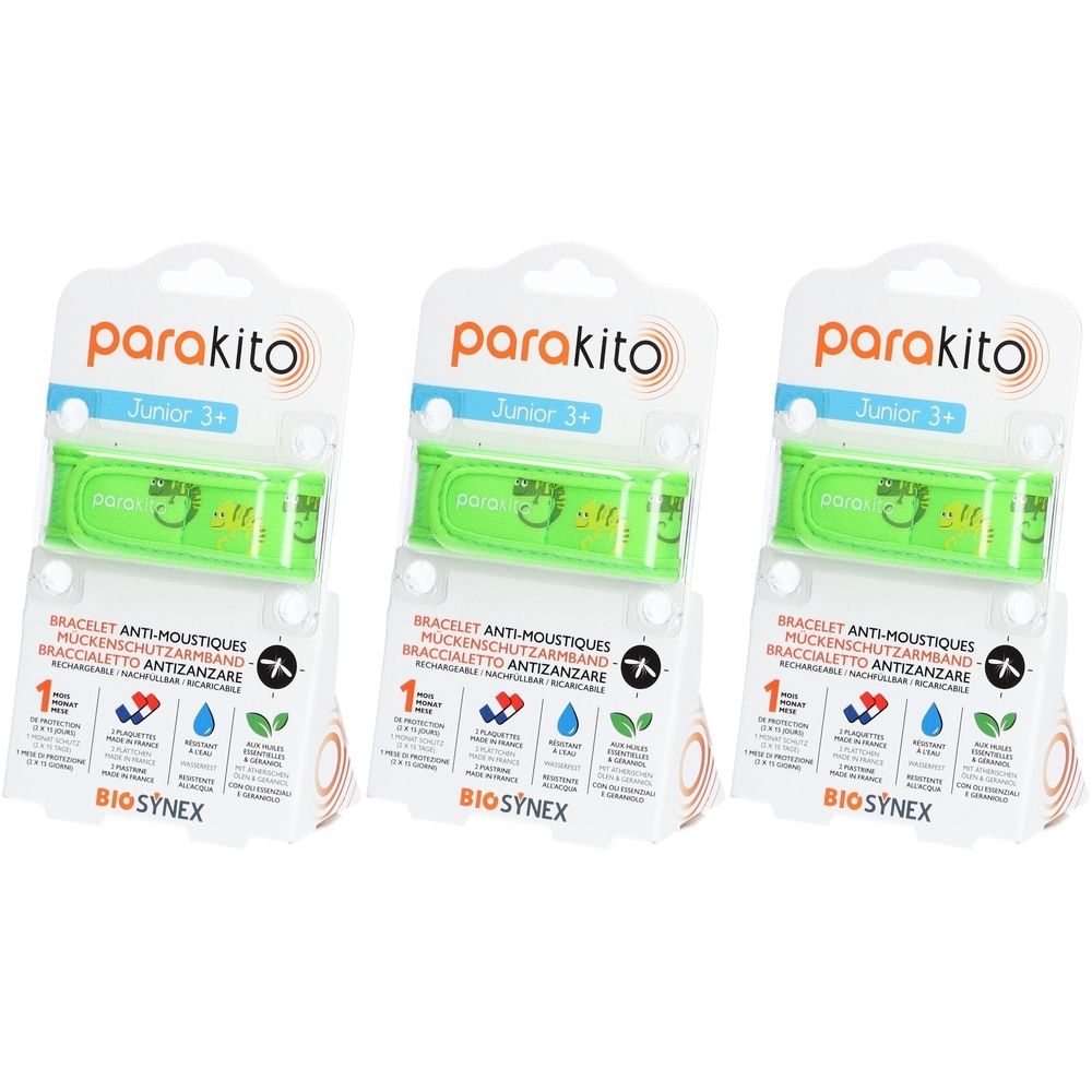 Trois bracelets anti-moustiques PARAKITO Junior 3+ en emballage. Vert, avec texte et logos. BIOSYNEX.