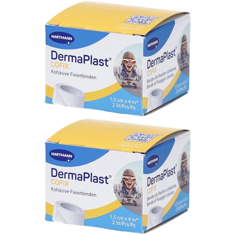 Deux boîtes de bandages DermaPlast COFIX. Emballage jaune et bleu avec nom du produit et taille : 1,5 cm x 4 m. 2 pièces.