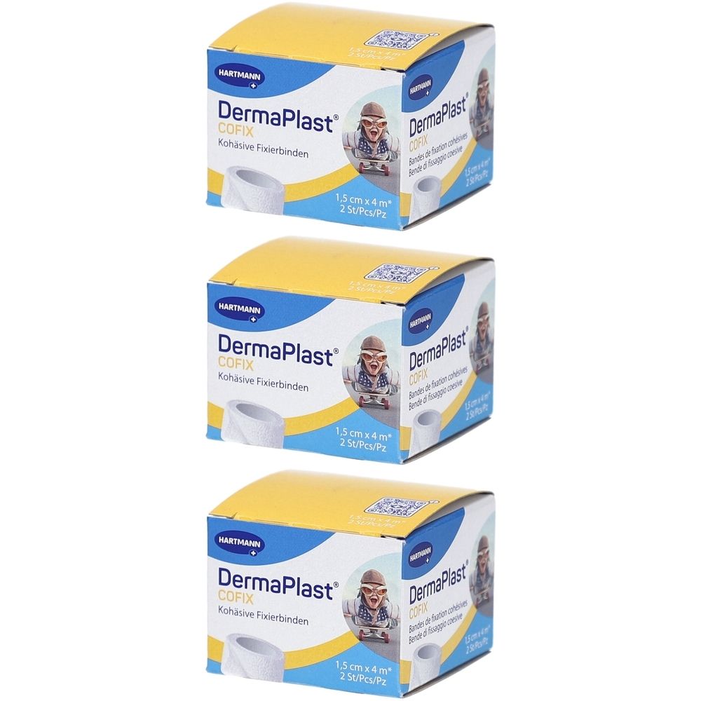 Trois boîtes de DermaPlast Cofix. Emballage bleu et jaune. Inscription : 1,5 cm x 4 m, 2 pièces/paquet.